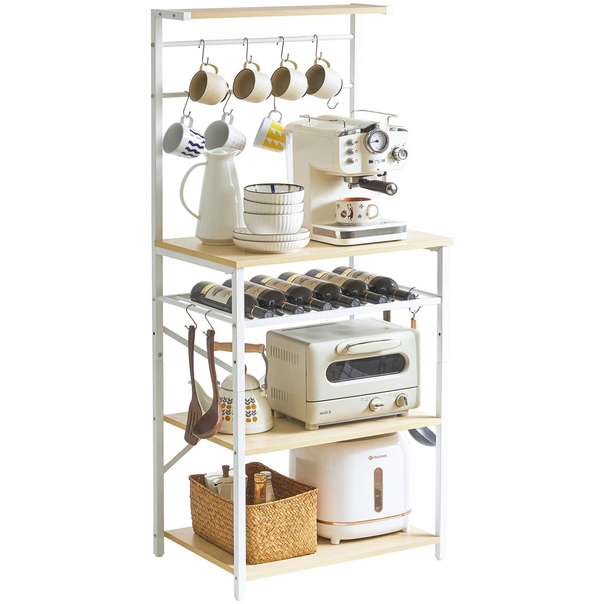 YMYNY Kitchen Baker's Rack, Microwave Oven Stand with Storage Shelves, Industrial Coffee Bar Station, with Adjustable Wine Holders and S-Hooks, Metal