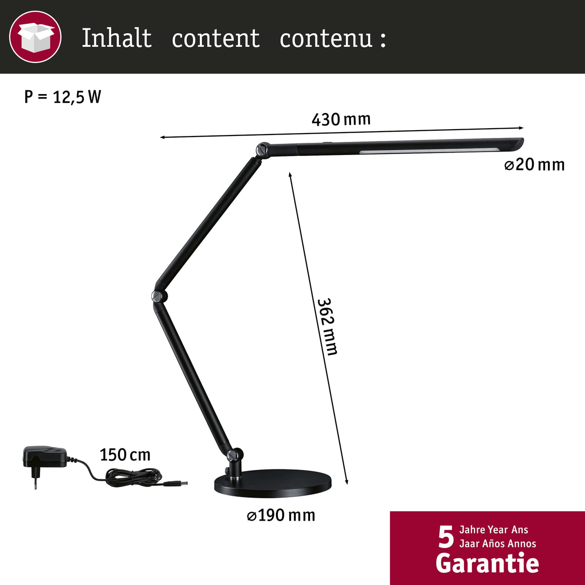 Paulmann 78912 LED Desk Lamp FlexBar White Switch Tunable White Including 1 x 10.6 Watt Dimmable Assistance Lights Black Table Lamp 3000 K