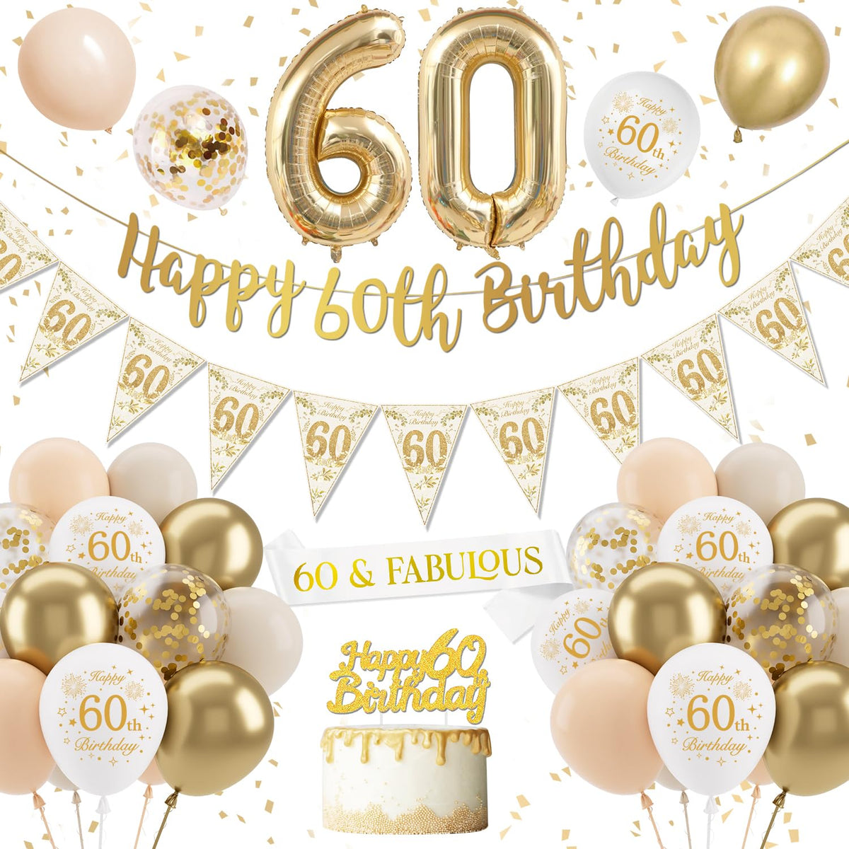 60th Birthday Women Decoration - White and Gold Balloons, Confetti, Number 60 Foil Balloons for Woman Celebration