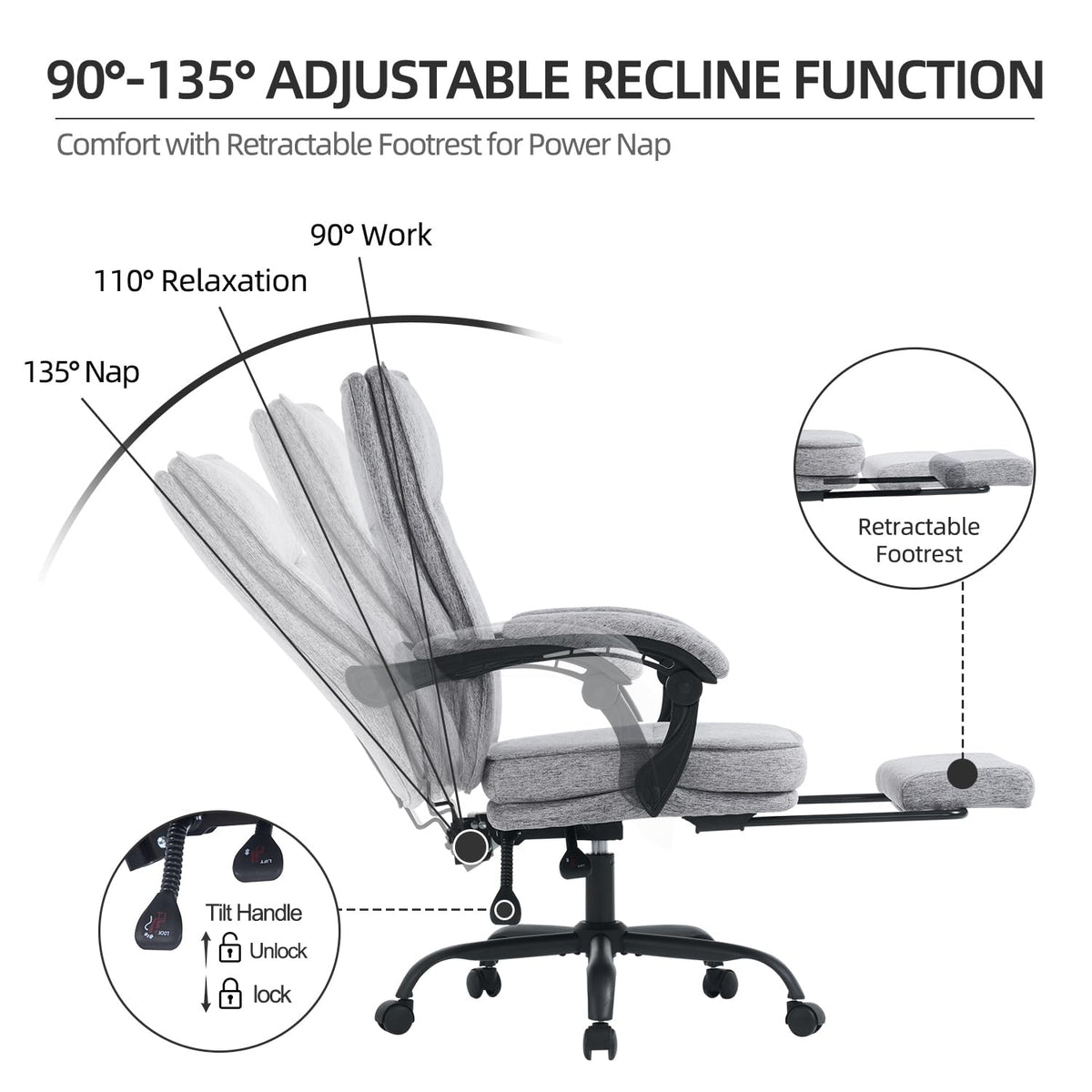 MZLEE Office Chairs for Home, Ergonomic Office Chair with Footrest, 90-135° Recline