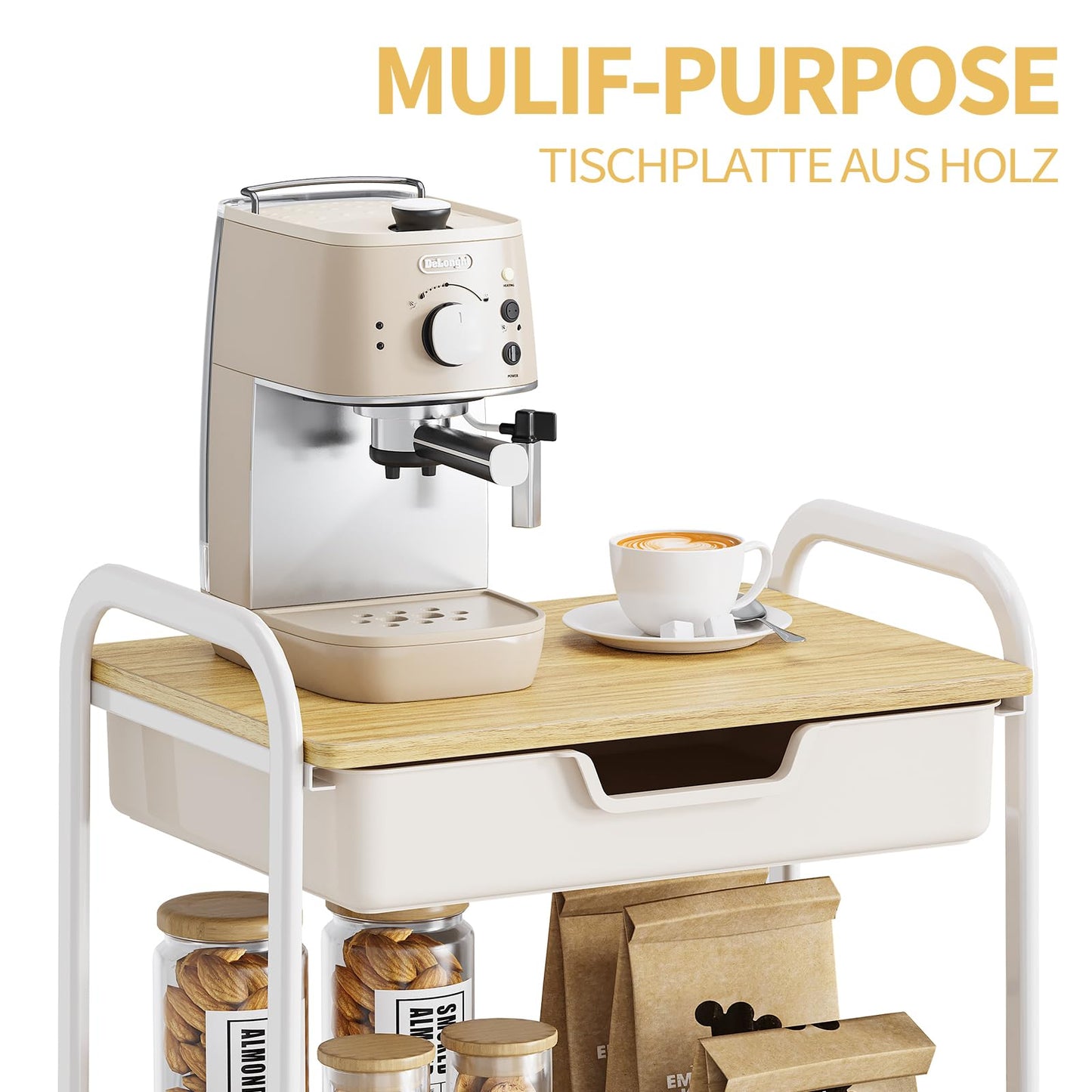 KINGRACK Rolling cart, 3-Tier Utility Storage Trolley with Wooden Board and Drawer (Natural)