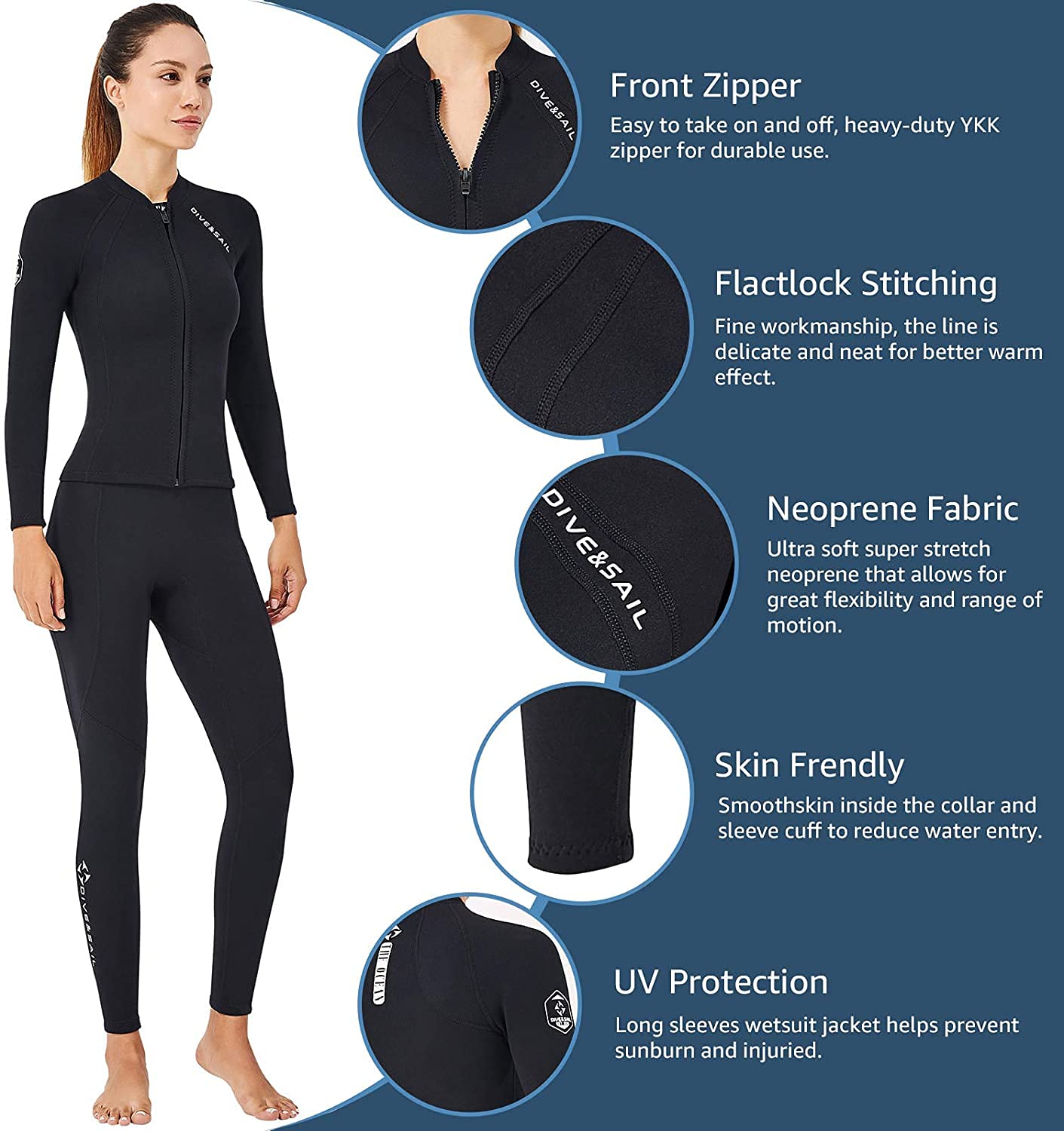 EUPTE 2mm Wetsuits Women/Men Long Sleeve Jacket UPF50+ UV Protection Diving Skin Suit Top for Scuba Diving Snorkeling Surfing Swimming (women, L)