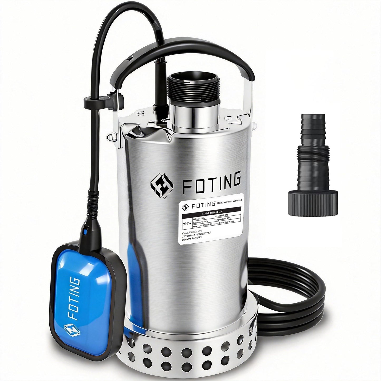FOTING 900W Stainless Steel Submersible Water Pump with Float Switch, 13000 L/H Electric Sump Pump for Dirty/Clean Water, Portable Water Pump Drainage