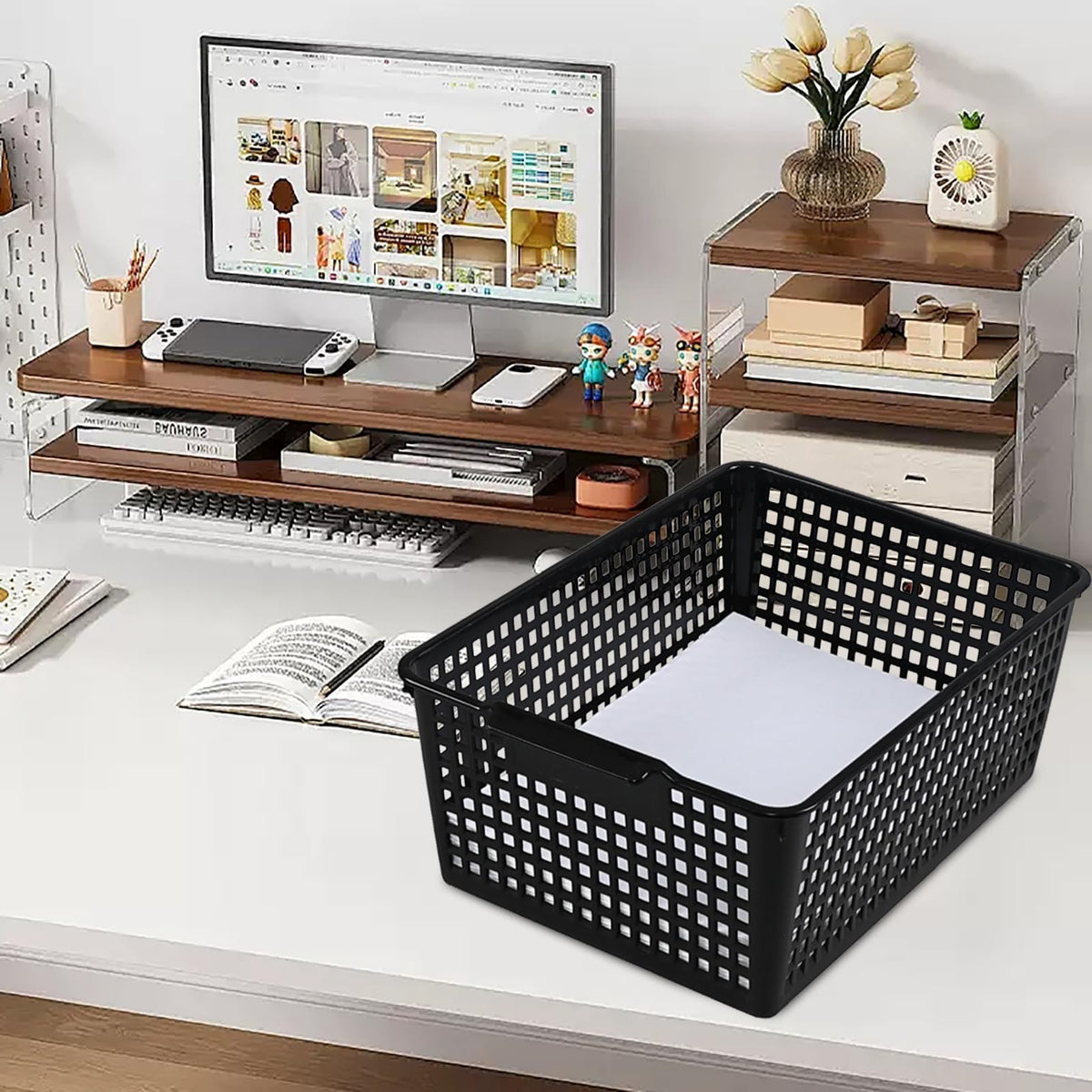 Guankan 3 Pack Large Plastic Storage Baskets, Black Cupboard Storage Basket