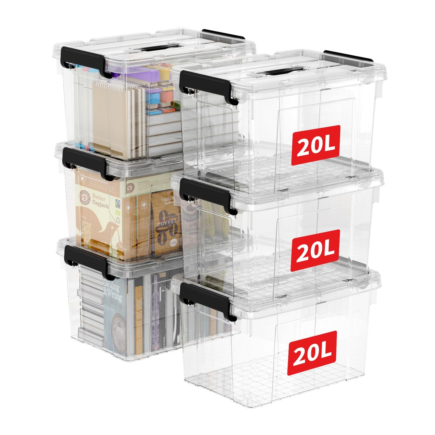 Cetomo 20L*6 Storage Boxes, Carry Plastic Storage Box with Lids, Clear Organizing Container with Handle and Secure Latches