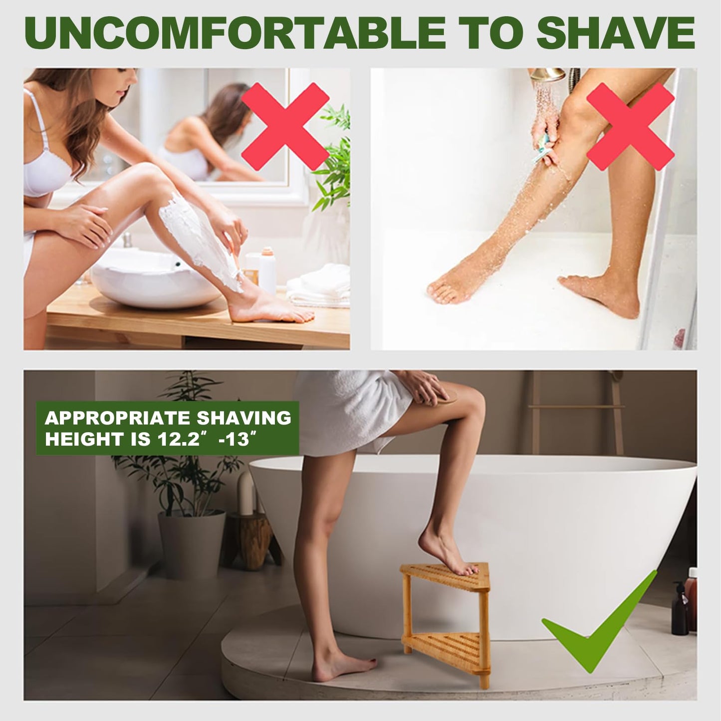 Bamboo Corner Shower Stool,2-Tier Waterproof Shower Stool for Inside Shower Shaving Leg,Small Spaces,Shower Foot Rest with Storage Shelf,Shower