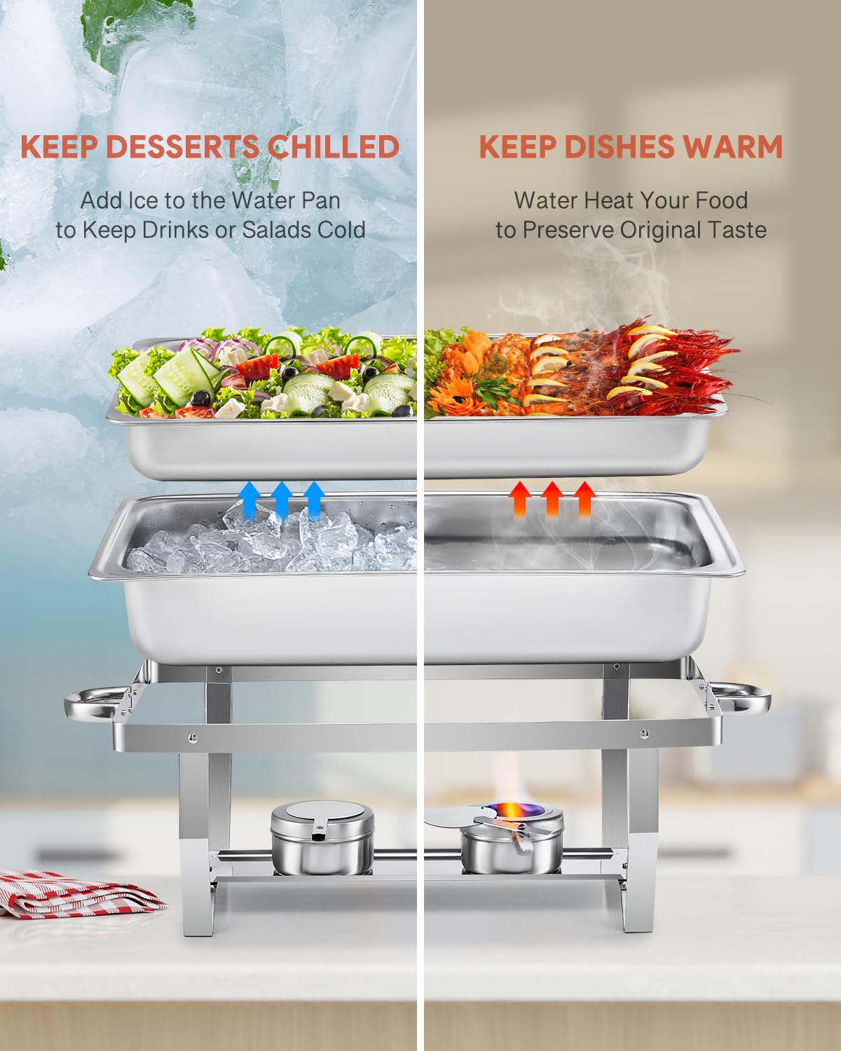 WILPREP Chafing Dish Buffet Set of 2, Rectangle Stainless Steel Food Warmer Kit with Lids Food Pans Bain Maries and Fuel Holders, 9L Buffet Serving