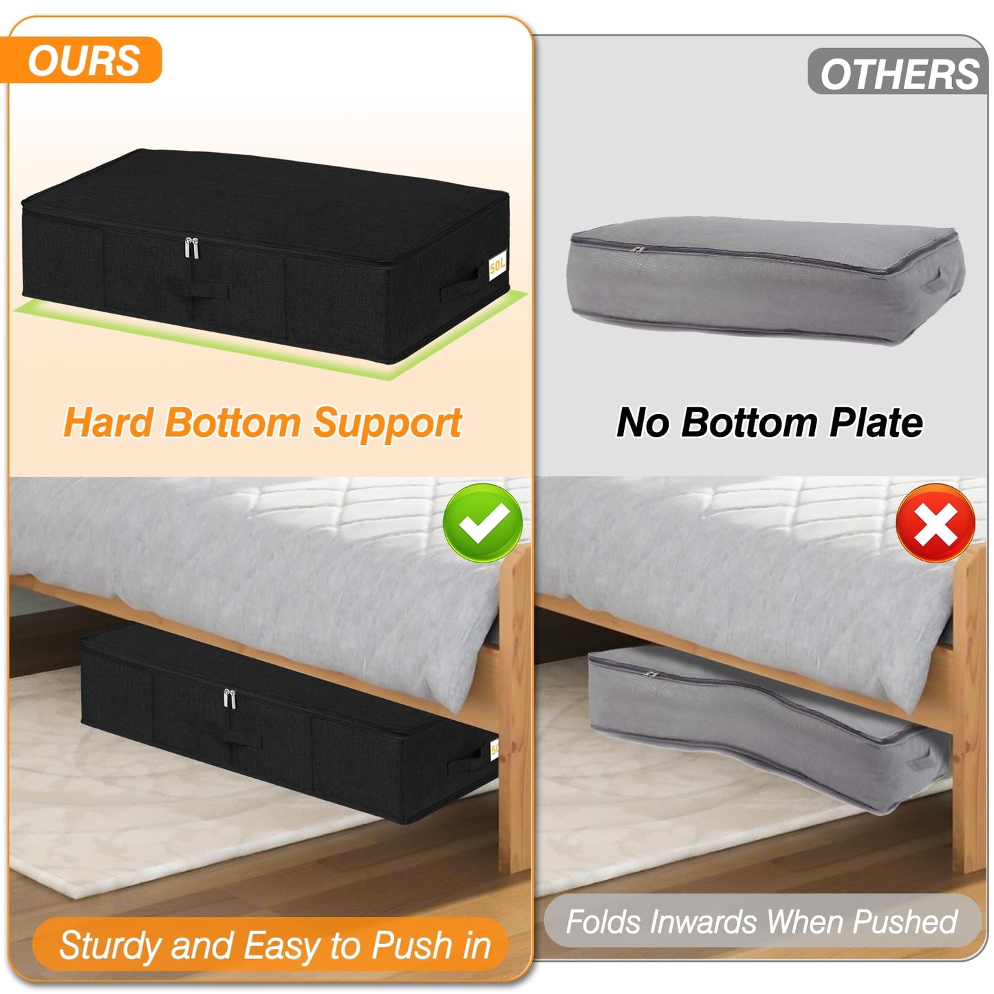 50L 17cm Tall Under Bed Storage Boxes with Zipped Lids, 2 Pack, Black