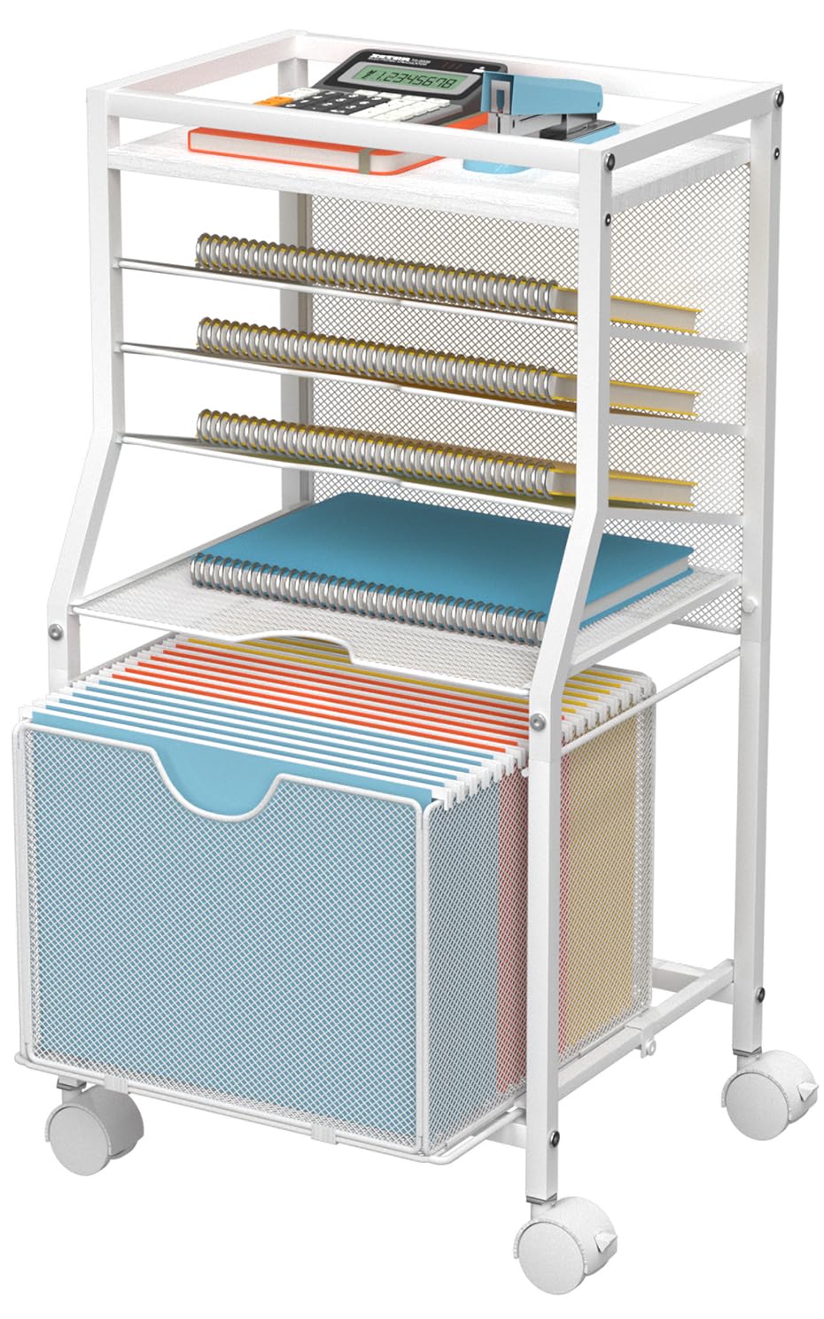 BOHDK Rolling File Cart, 6-Tier Under Desk Organiser on Lockable Wheels, Black Wood Planks & Mesh File Cart with Sliding Drawer and Paper Trays for