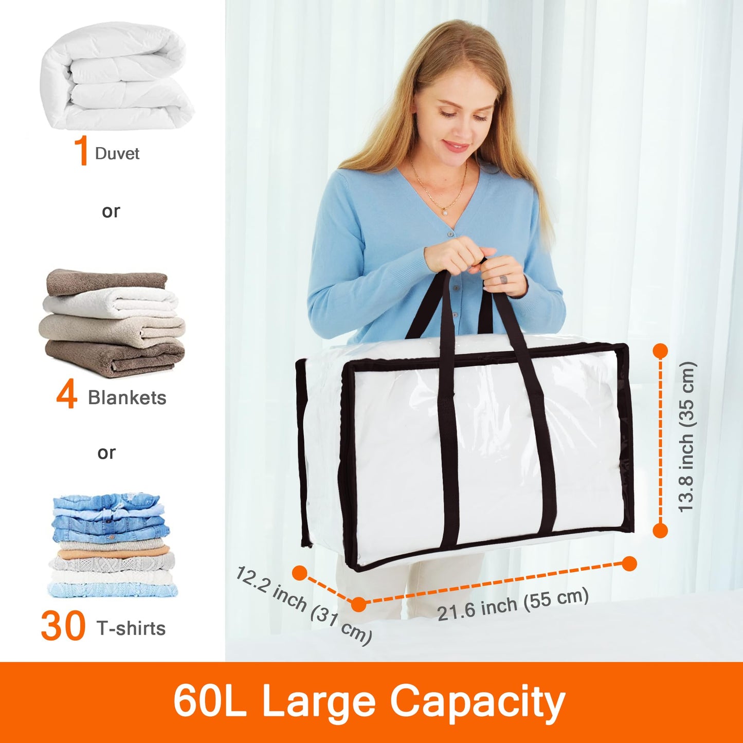 Vieshful 3 Pack Clear Comforter Storage Bag, 60L Clothes Storage Bag with Zipper Closet Organizer