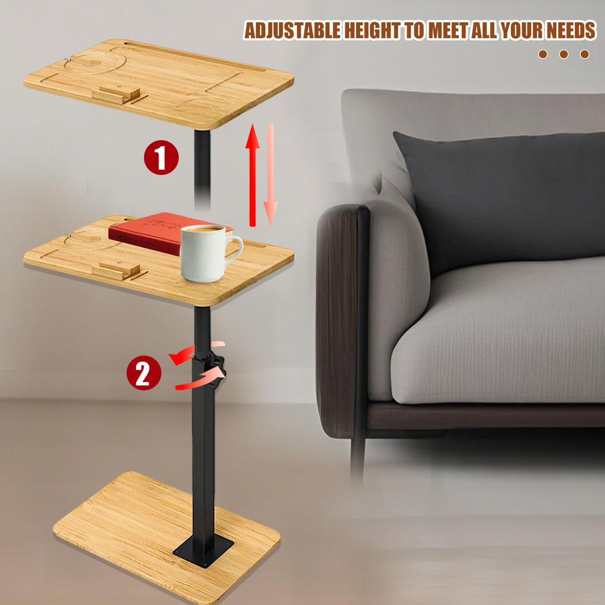 YASHIIN Bamboo Rotating TV Tray,Adjustable Height,Sofa Side Table,with Phone and Tablet Slot, Bedside Table for Living Room Sofa or Bedroom