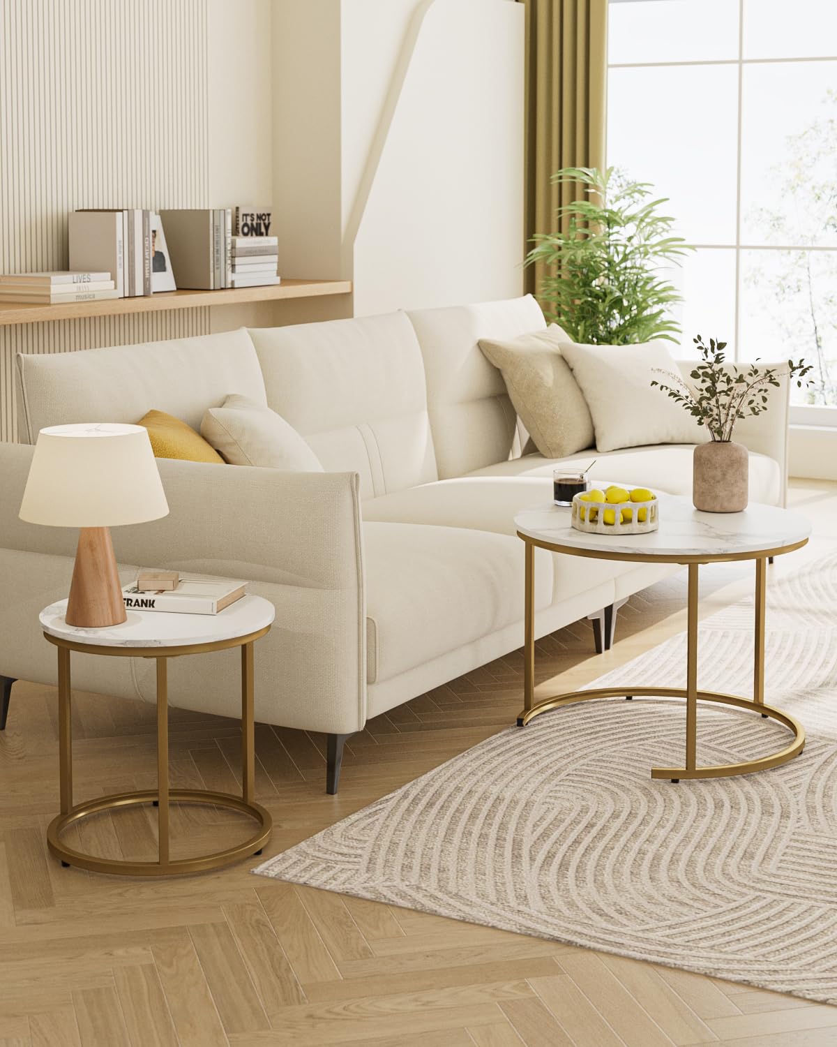 HEYZOEY Round Coffee Tables, Removable Set of 2 End Table, Nesting Tables with Gold Metal Frame Legs and Marble White Top for Living Room, Bedroom
