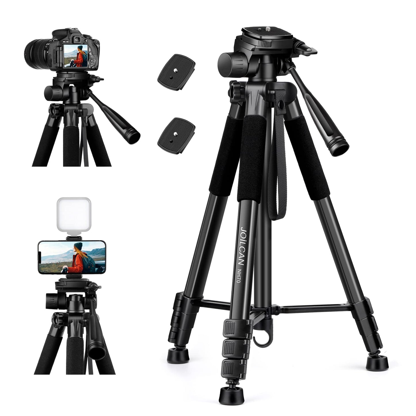 JOILCAN Aluminium Camera Tripod, 65inch Compact Travel Tripod for DSLR and Phone, Camera Tripods Stand with 3-Way Swivel for Canon/Sony/Nikon, Tripods