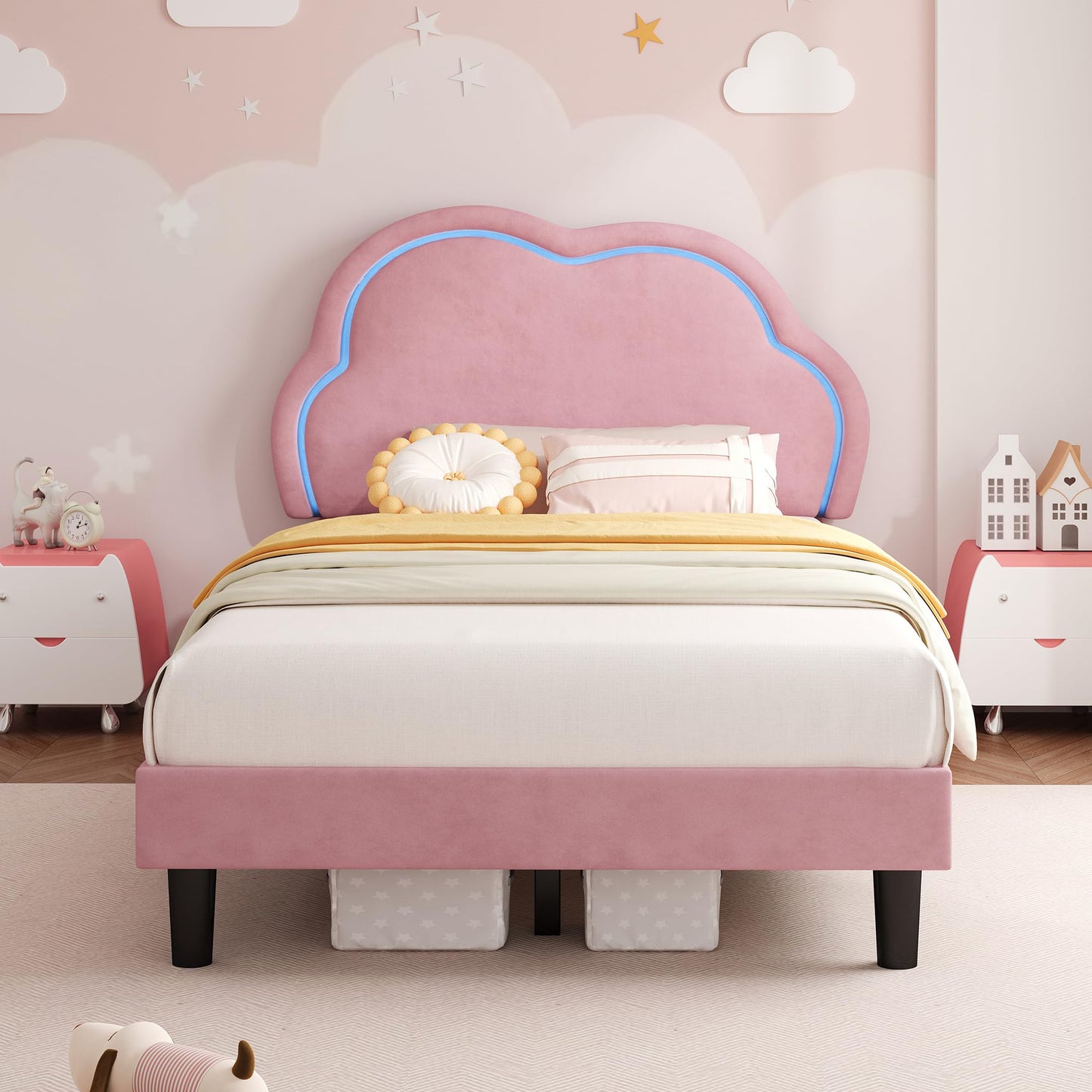 Ball & Cast 3ft Single Upholstered Bed with LED Adjustable Cute Cloud Headboard, Soft Velvet Bed Frame with Solid Wood Slat, No Box Spring Needed
