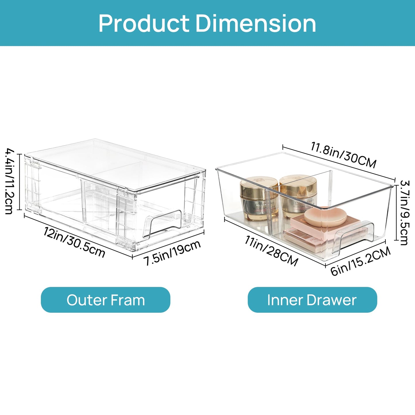 Vtopmart 4 Pack Stackable Storage Drawers,Clear Acrylic Drawer Organizers with Handles, Easily Assemble Containers for Fridge, Bathroom,Kitchen