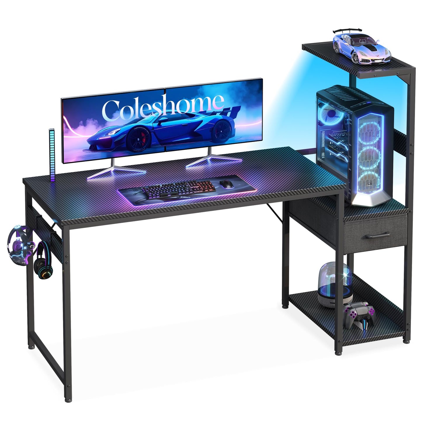 Coleshome 138×48 cm Gaming Desk with LED Lights, Carbon Fiber Black