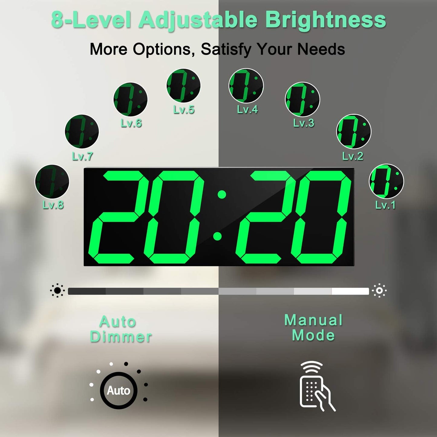 CHKOSDA Digital Wall Clock, 18" Large Wall Clock, Led Wall Clock with Countdown Timer, Calendar, Thermometer, 12/24H, Adjustable Brightness, Wall