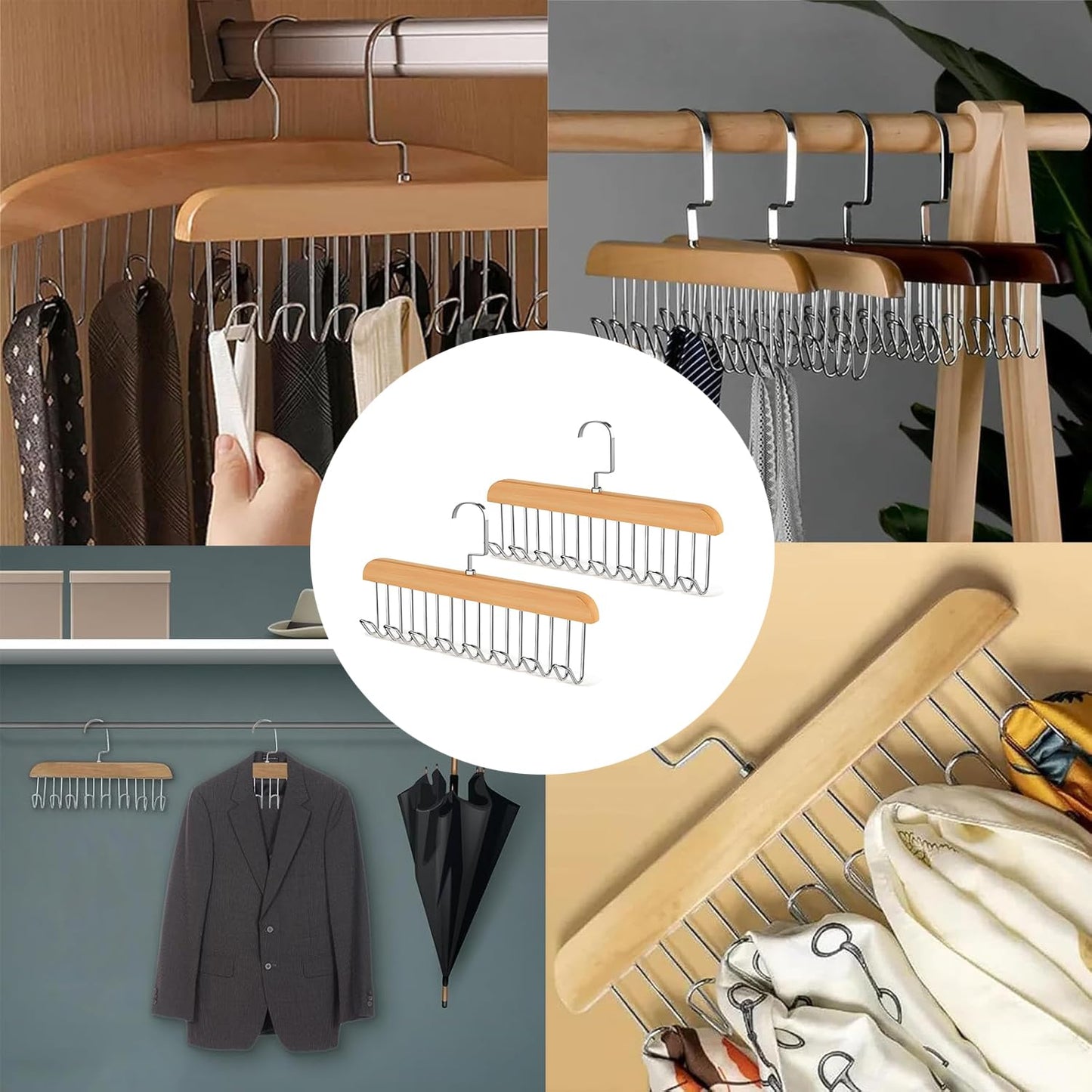 BOBOZHONG Wooden Belt Hanger for Closet, 2 Pack with 8 Hooks, Anti Slip, Polished Brown Finish
