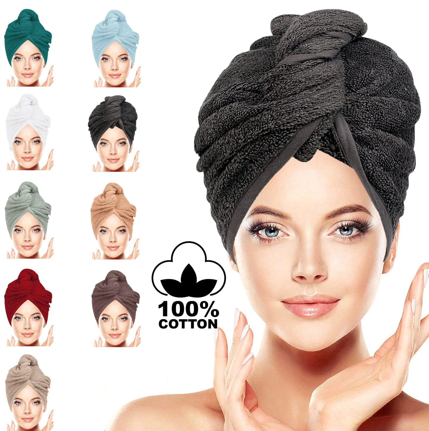 BAVIN LUXURY Hair Towel Wrap 100% Cotton, Instant Drying Lightweight Turban Cap Super Quick Absorbent Anti-Frizz Twist Toweling Dry Hat with Button