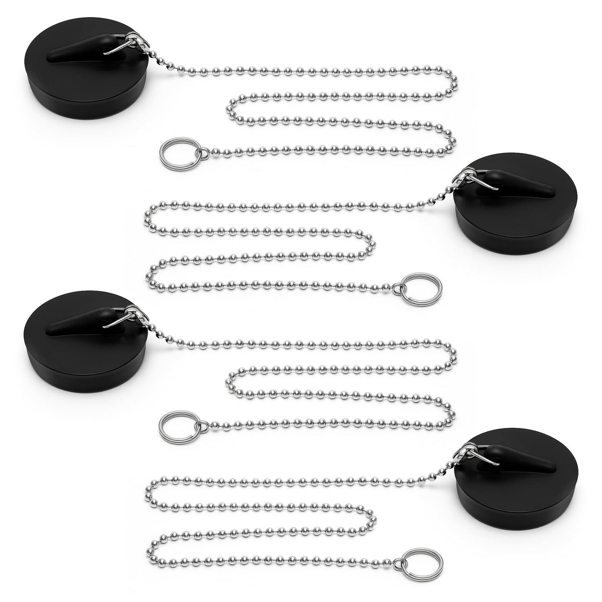 4 Pcs Universal Bath Plug, Kitchen Sink Plug with Stainless Steel Chain, Universal Bath Plug with Stainless Steel Chain and S-Shaped Hook,Drain