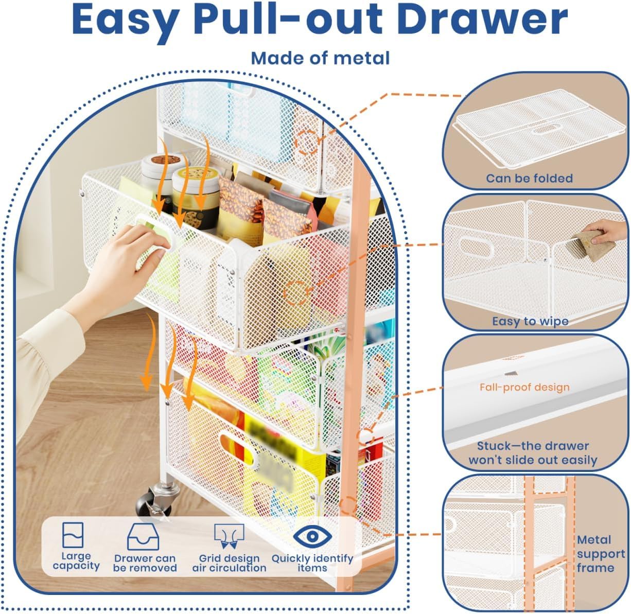 WELDUN Rolling Cart with Drawers, 4-Tier Craft Storage Cart with Lockable Wheels, Metal Storage Drawer Cart Craft Organizer Art Cart for Kitchen