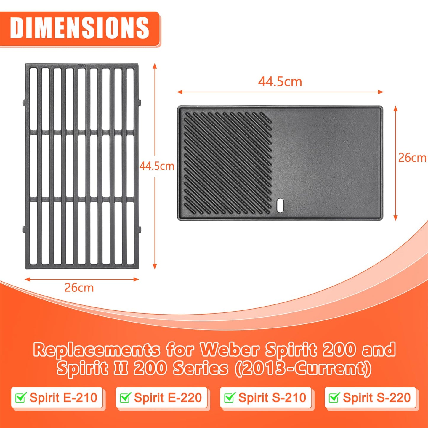 GFTIME 7637 44.5CM Grill Cooking Grate & Griddle for Weber Spirit ? & ? 200 series-Spirit E210/220 S210/220 Gas BBQ Grills (with Front Control Knobs),