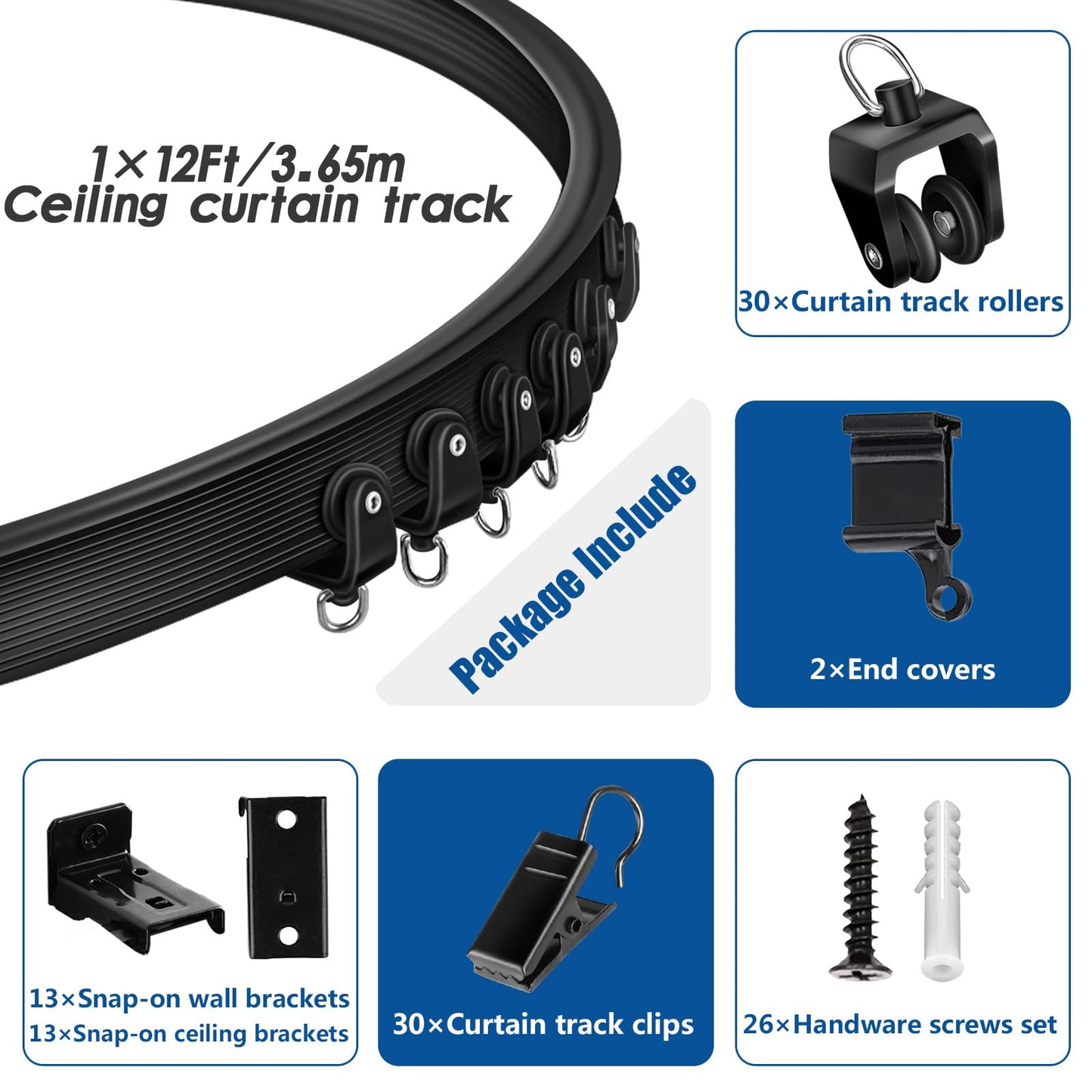 Ceiling Curtain Track, Flexible Bendable Curtain Track 12Ft Black Curved Ceiling Track for Curtain Rail Ceiling Wall Mount Curtain Sliding Track