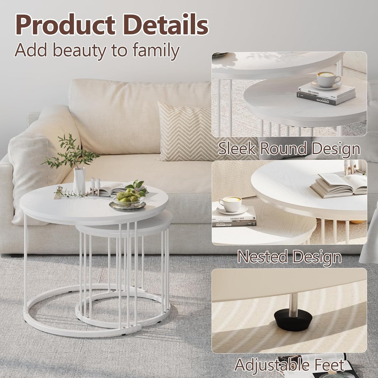 Huhote Round Coffee Tables, Set of 2 End Table, Nesting Tables, Side Table with Metal Frame for Living Room/Bedroom/Balcony/Office/Apartment