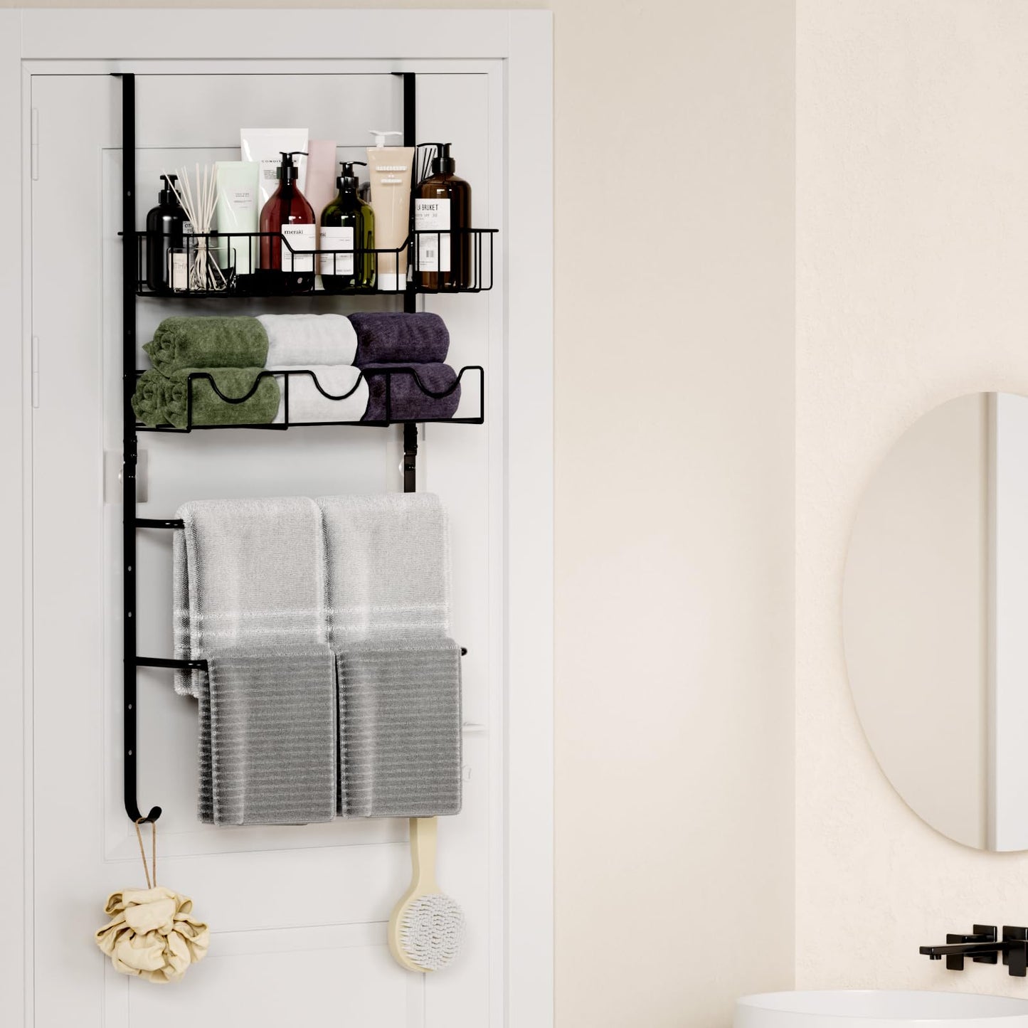 THYGIFTREE 4 Tiers Towel Racks for Bathroom Door Adjustable Bathroom Towel Holder with Storage Basket Towel Storage for Bathroom Towel Bar for