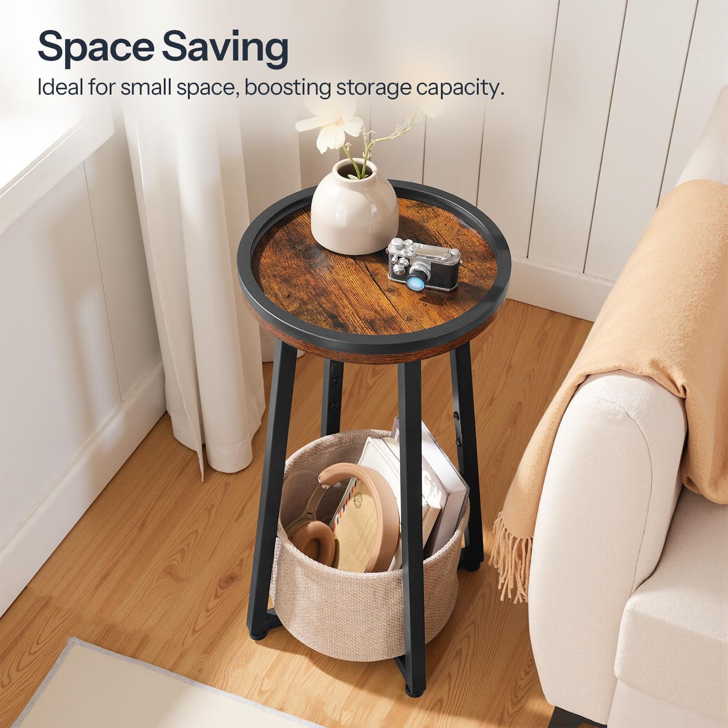 HOOBRO Round Side Table, 2 Tier Bedside Table with Storage Basket, Round Small Table Accent Corner Table Compact Sofa Table for Small Spaces