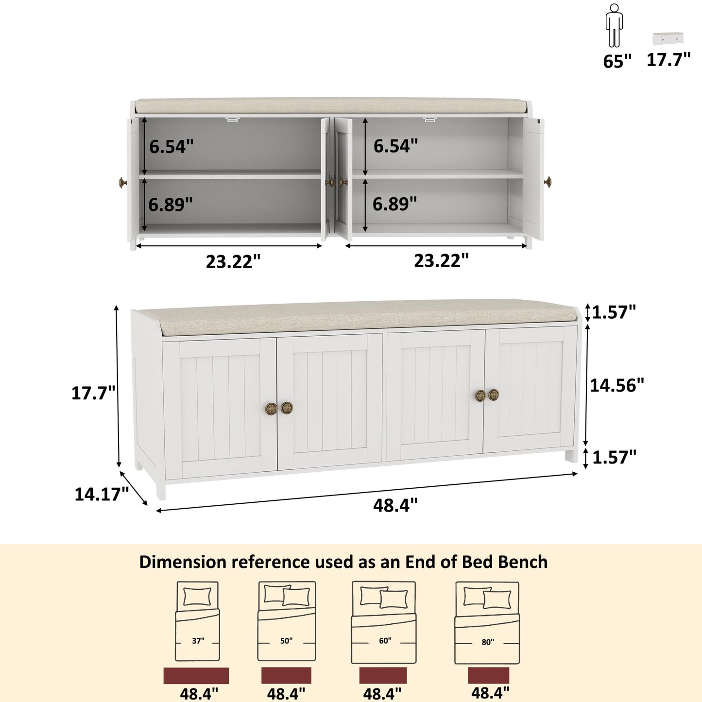 HOME BI Shoe Storage Bench with Cushion, 4 Door Entryway Bench with Padded Seat, 2-Tier Shoe Organizer with Adjustable Shelves