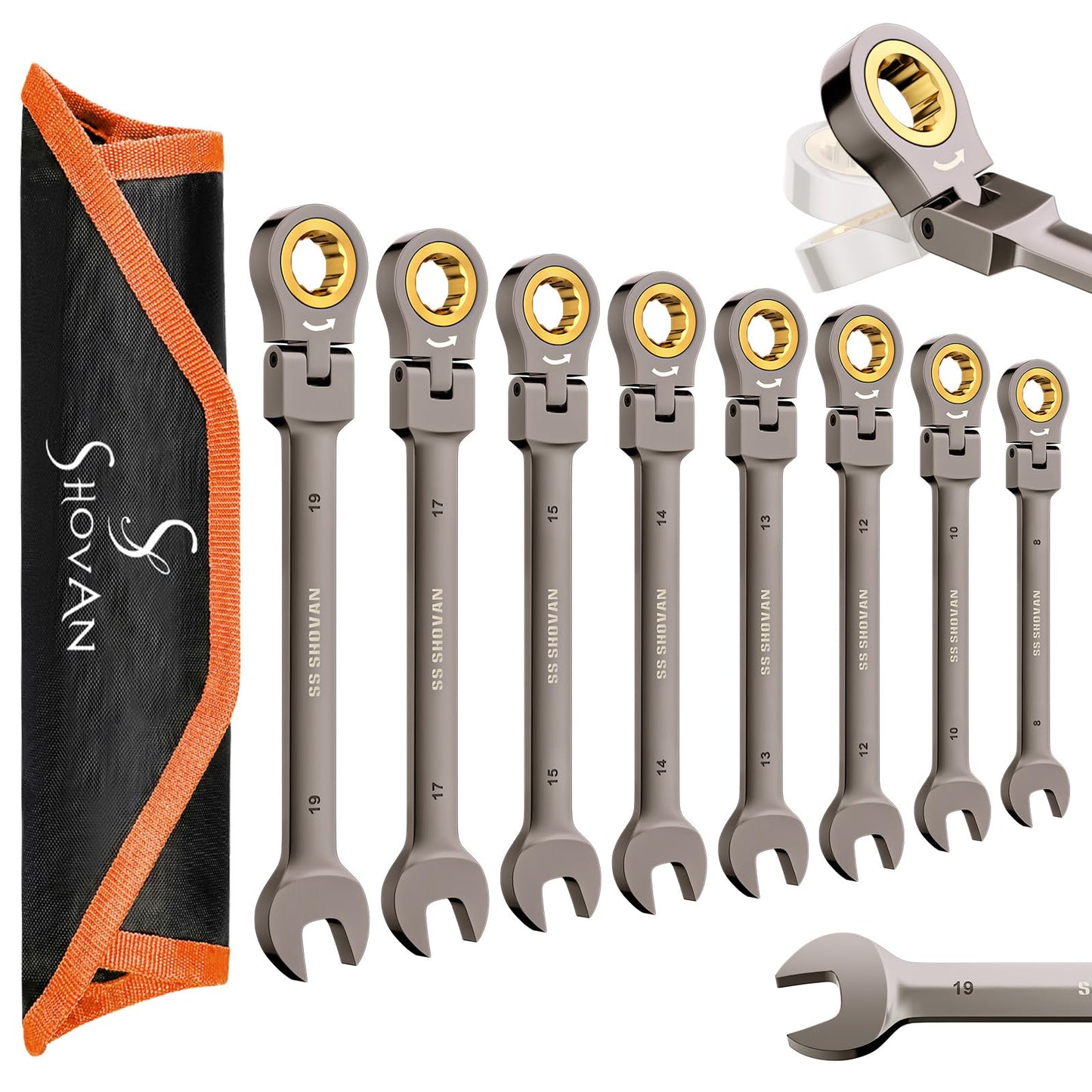 ss shovan 8PCS Flexible Head Ratchet Spanner Set, 72 Teeth Metric 8-19mm, Combination Spanners & Wrenches, Chrome Vanadium Steel Nickel Plated with