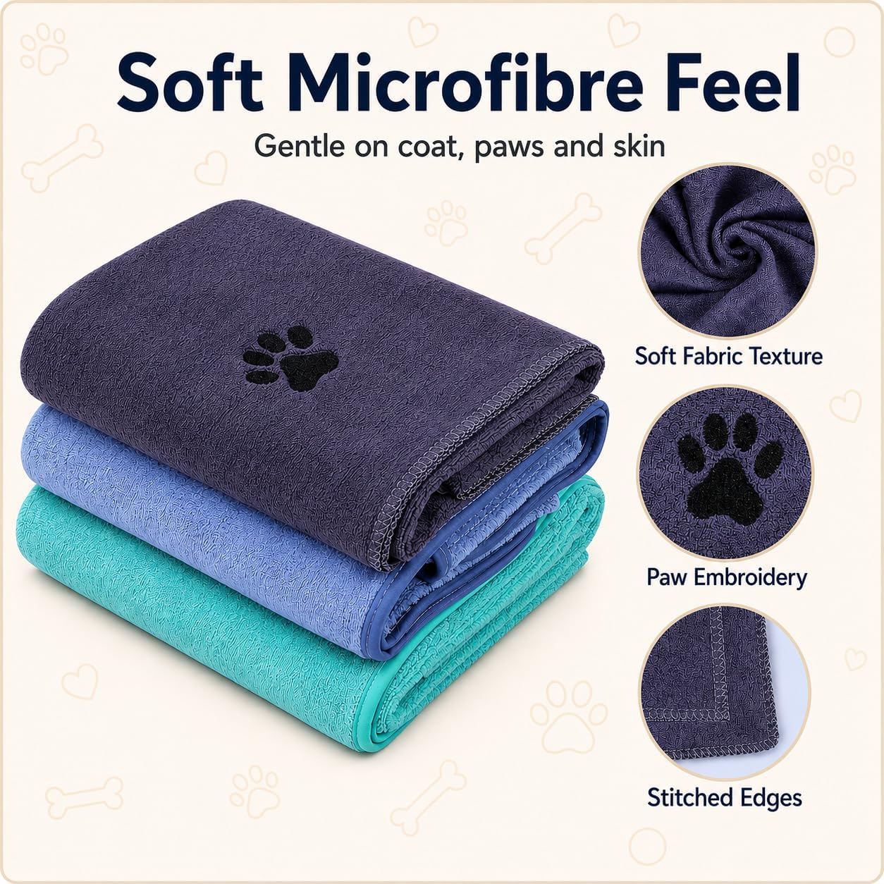 DASHUAIGE 3 Pack Dog Towels – 50x100cm Microfibre Pet Drying Towels, Soft Quick Dry Bath Towels for Dogs, Puppies & Cats – Ideal for Grooming, Travel