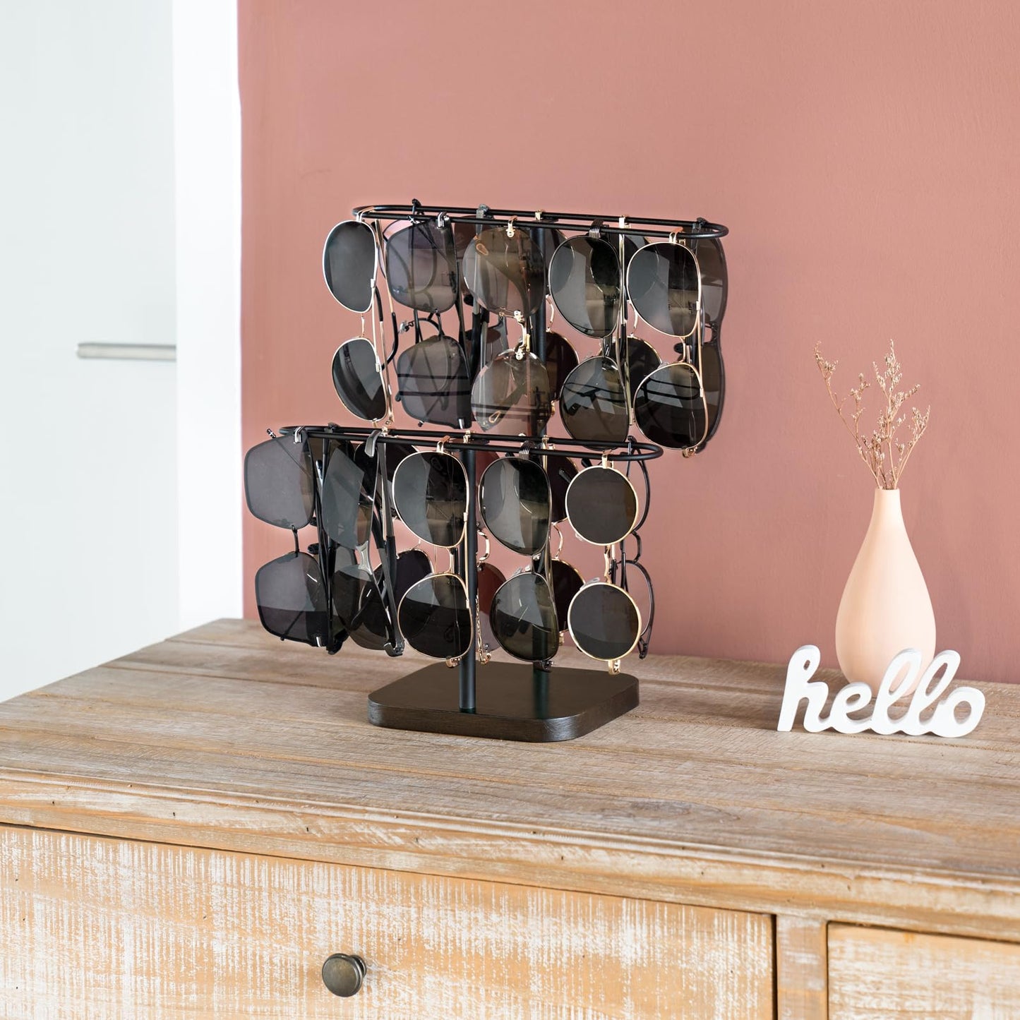 Mkono Sunglasses Organizer Glasses Holder Stand for 24 Pairs of Eyewear, 2 Tier Sunglass Storage Eyeglasses Display Rack Metal Frame with Wood Base