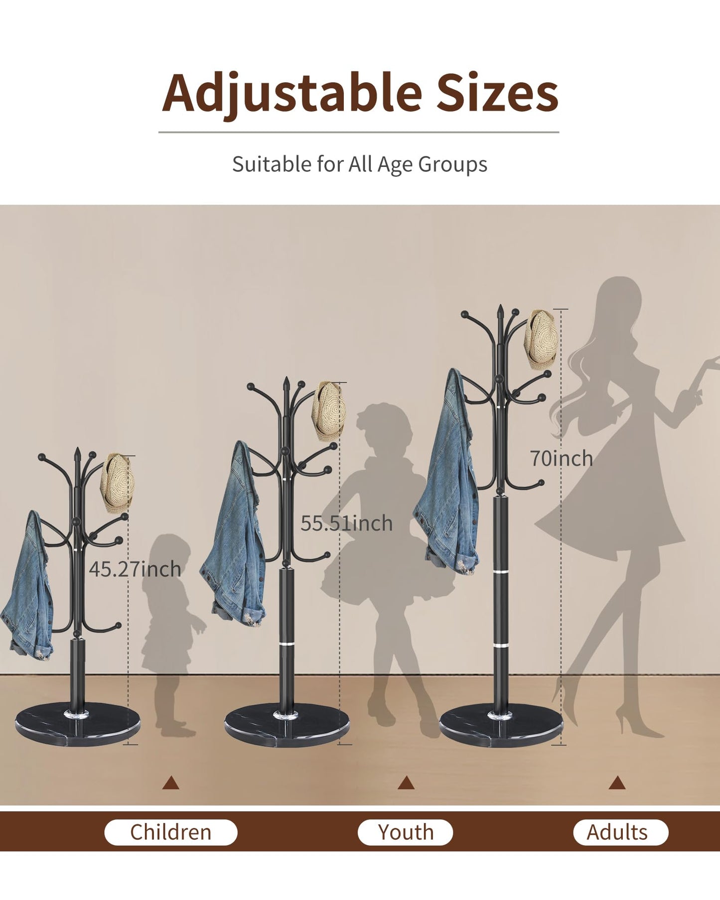 Snaikor Metal Coat Rack Freestanding, Sturdy Coat Rack Stand with Natural Marble Base