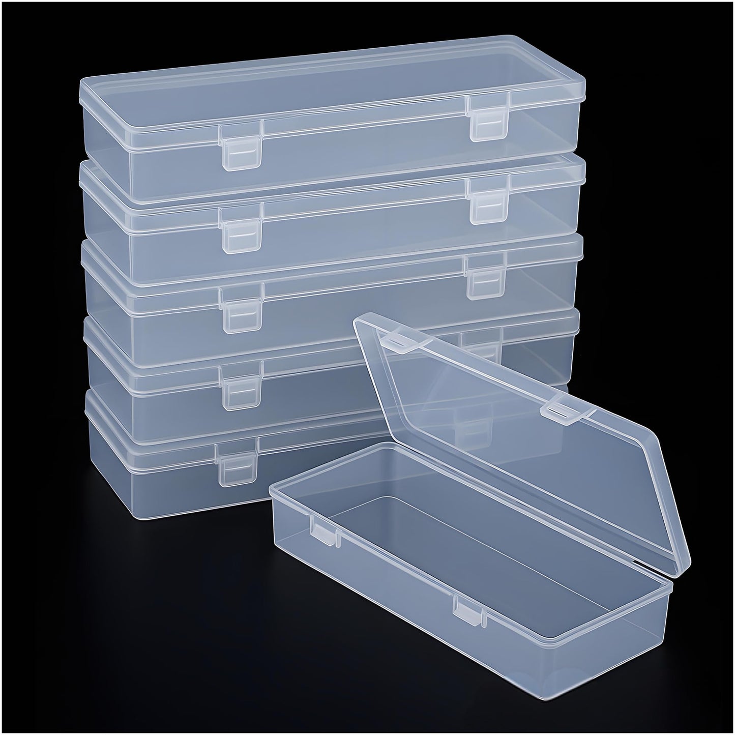Forever bene 6 Long Plastic Storage Boxes with Lids, 6 Pieces, Clear, each piece measures 15,5 × 6,5 × 3 cm