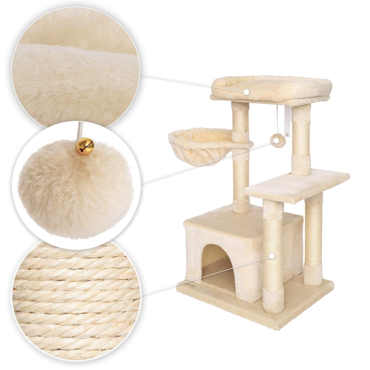 lionto Cat Scratching Post with Plush Ball and Lounger Height 85 cm Cat Tree with Sisal & Plush, Cosy Lying Surface & Cave, Includes Wall Bracket,