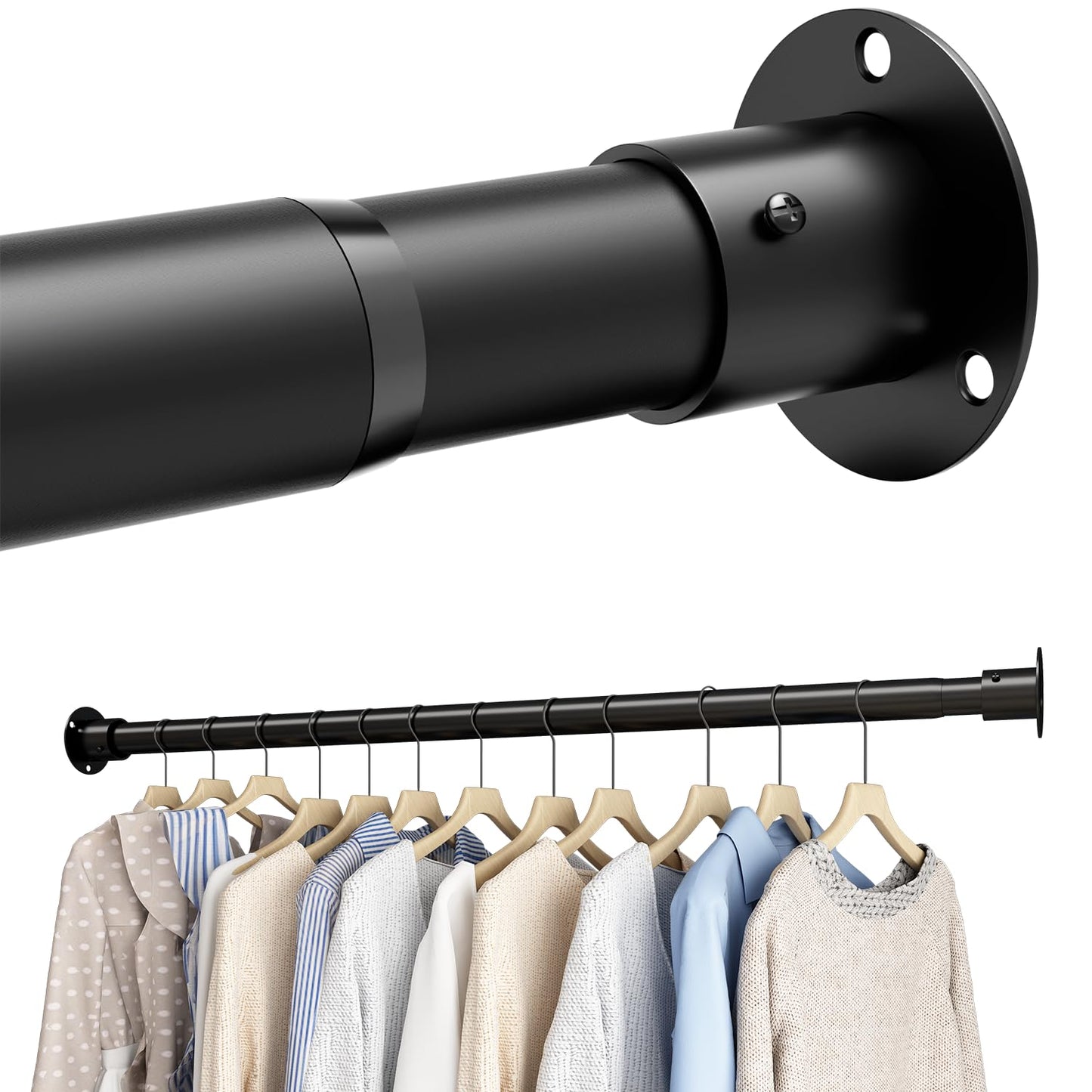 Wardrobe Rail, Extendable Clothes Rail, Adjustable Wardrobe Rail with Fixing Sockets and Screws for Wardrobe and Cloakroom, Black