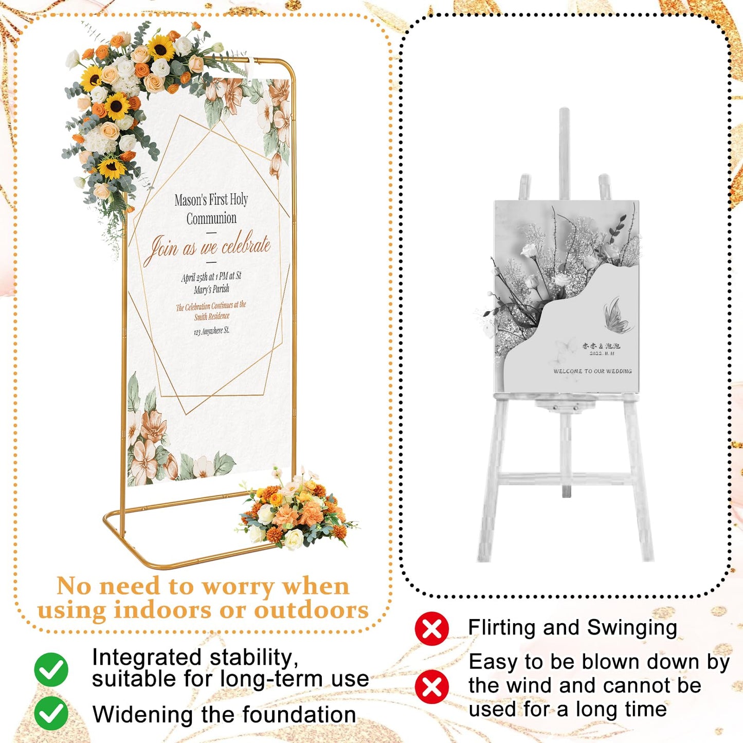 YEXEXINM Wedding Sign Holder Adjustable Height Black Metal Welcome Sign Stand with 4 Leather Hanging Straps Heavy Duty Easel Stand for Seating Charts