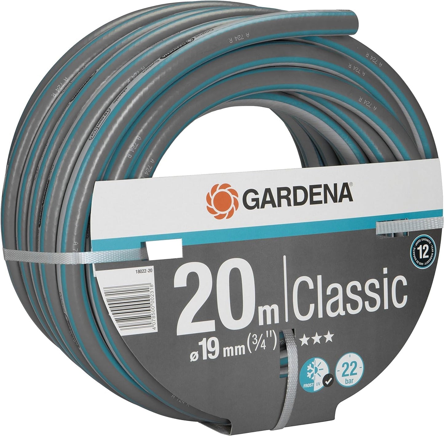 Gardena Classic Hose 19 mm (3/4 inch), 20 m: Universal Garden Hose Made of Sturdy Cross Fabric, 22 bar Bursting Print, Frost/UV-Resistant, Without