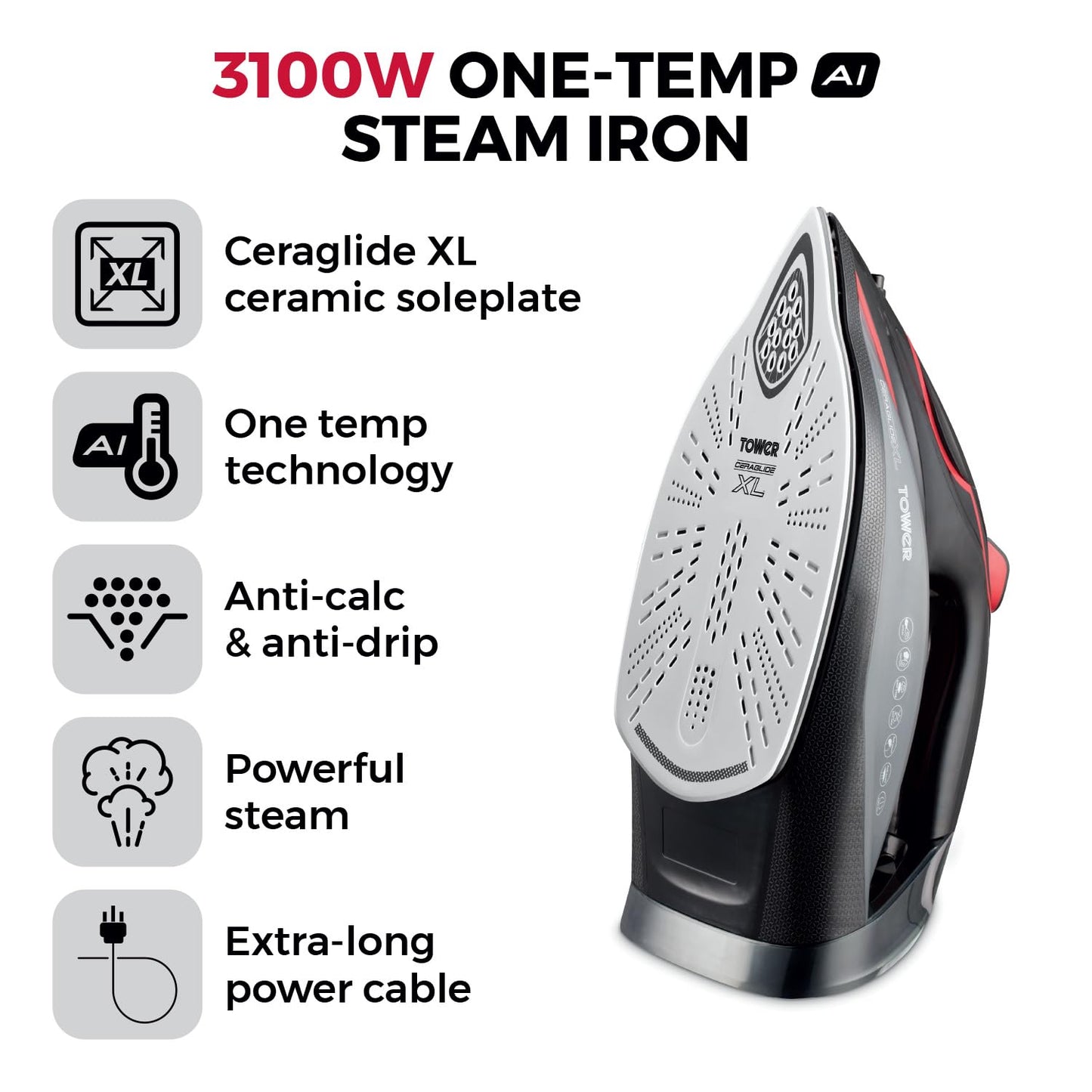 Tower T22034RED Steam Iron with Ceraglide XL Ceramic Soleplate, AI One Temp Technology, Anti-Drip & Anti-Calc, 350ml Water Tank, 3100W, Red & Black