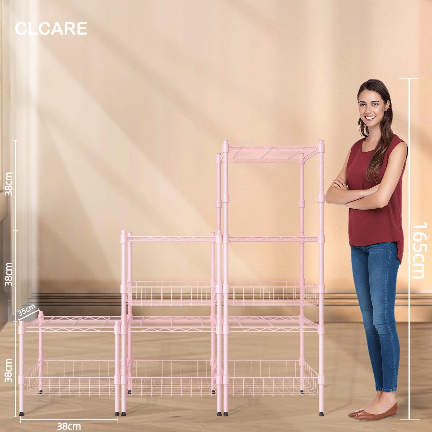 CLCARE Stacking Shelf Adjustable, Stackable & Expandable, Heavy Duty Storage Shelving Unit, Cabinet Organizer Shelf (Pink,1-Tier)