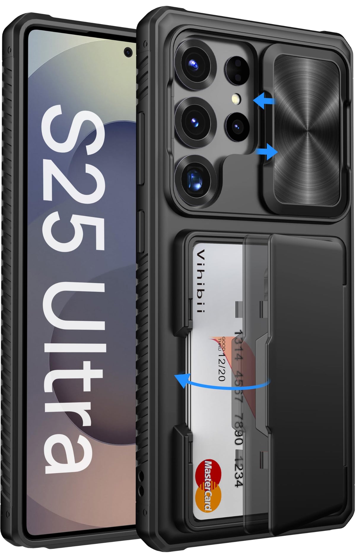 Vihibii for Samsung Galaxy S25 Ultra Case with Card Holder (4 Cards), [RFID Blocking] & Slide Camera Cover & Military Grade Drop Protection, Heavy