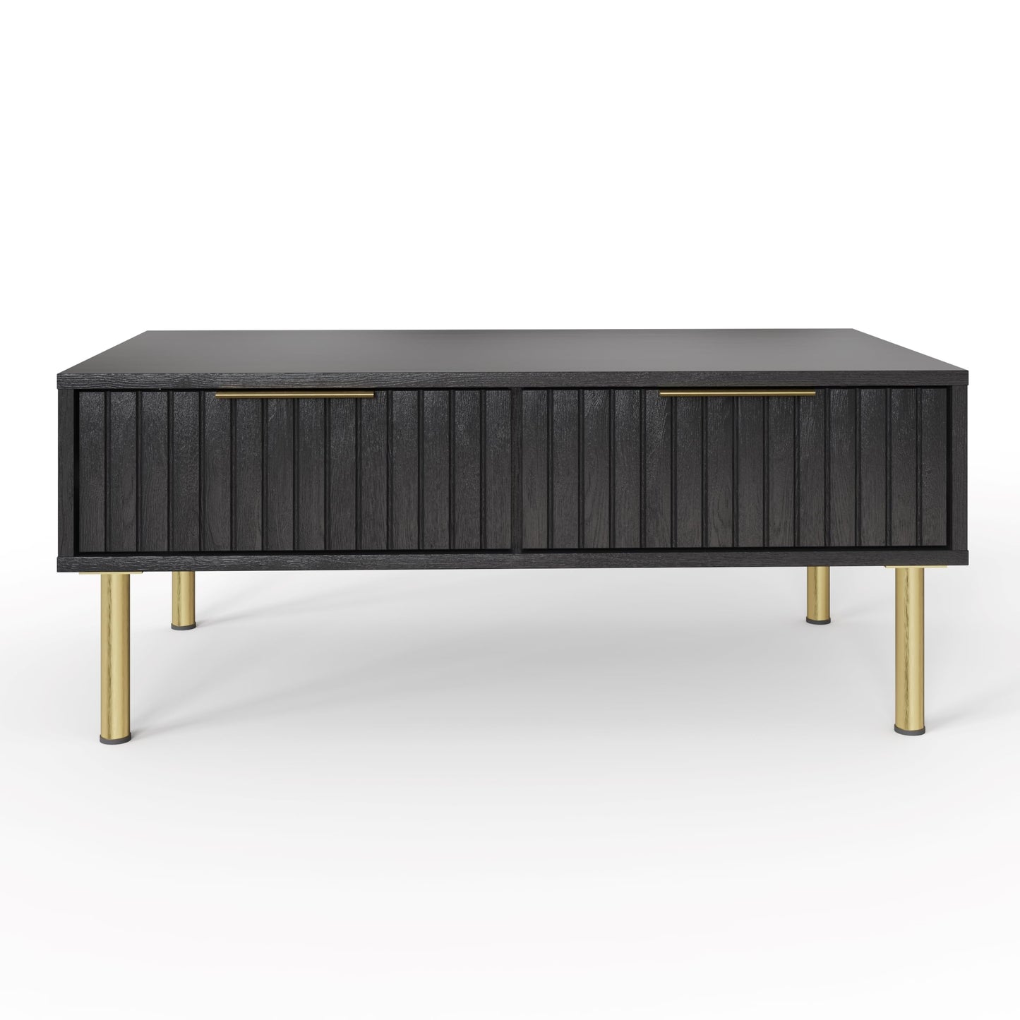GFW Nervata Coffee Table, Black Coffee Table with 2 Drawers, Art Deco Style Living Room Table with Gold Accents and Wood Grain Texture