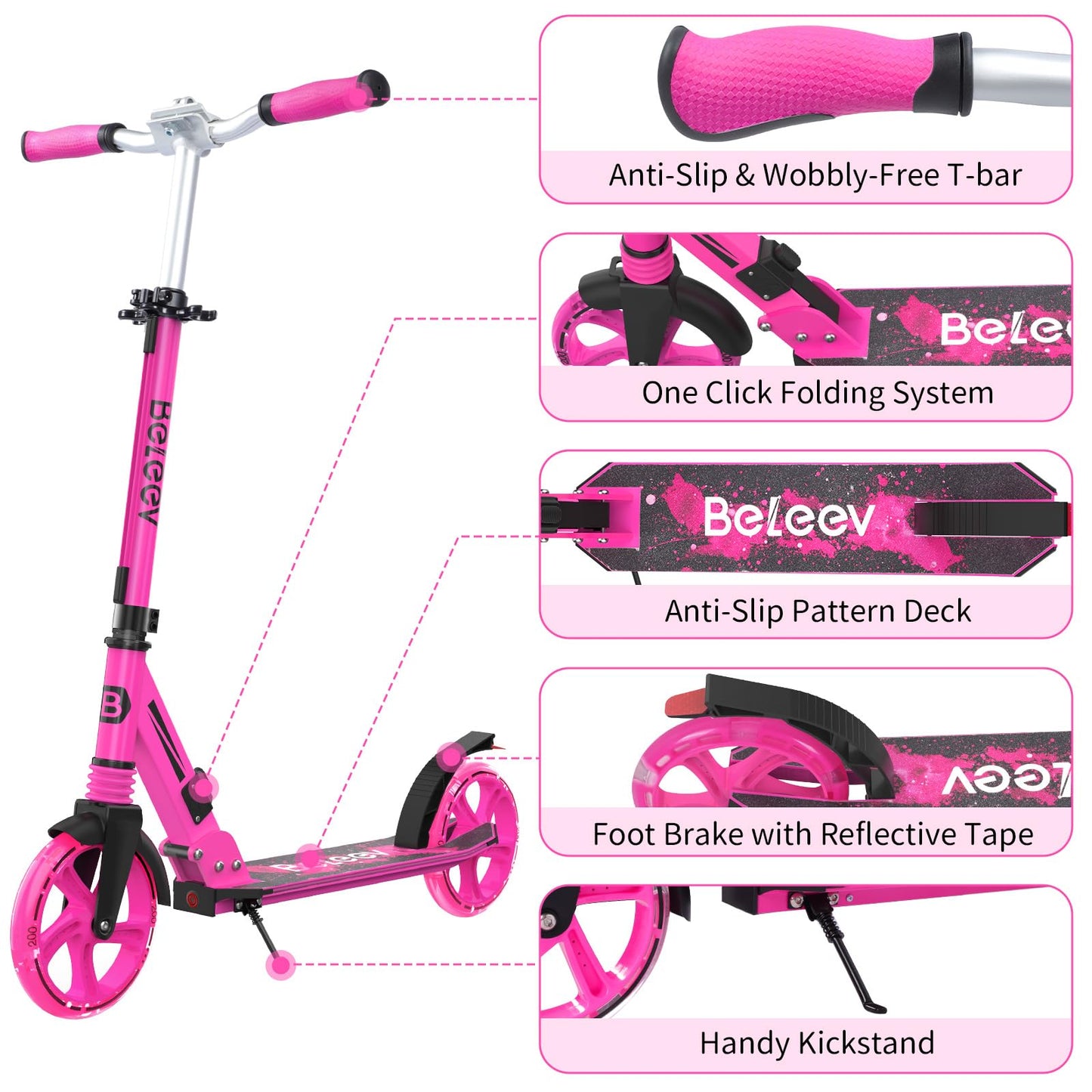 BELEEV V8 Scooters for Kids Ages 6+ with Light-Up Stem & Deck, 2 Wheel Folding Scooter for Adults Teens, 4 Adjustable Height, Lightweight Sport