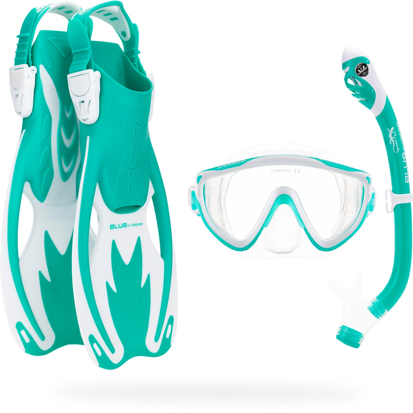 CRESSI Tinetto Rocks Dry Set Aqua Green/White S/M - Kids Snorkeling Set Short Adjustable Fins, Silicone Mask, and Dry Snorkel, Aqua Green/White, S/M