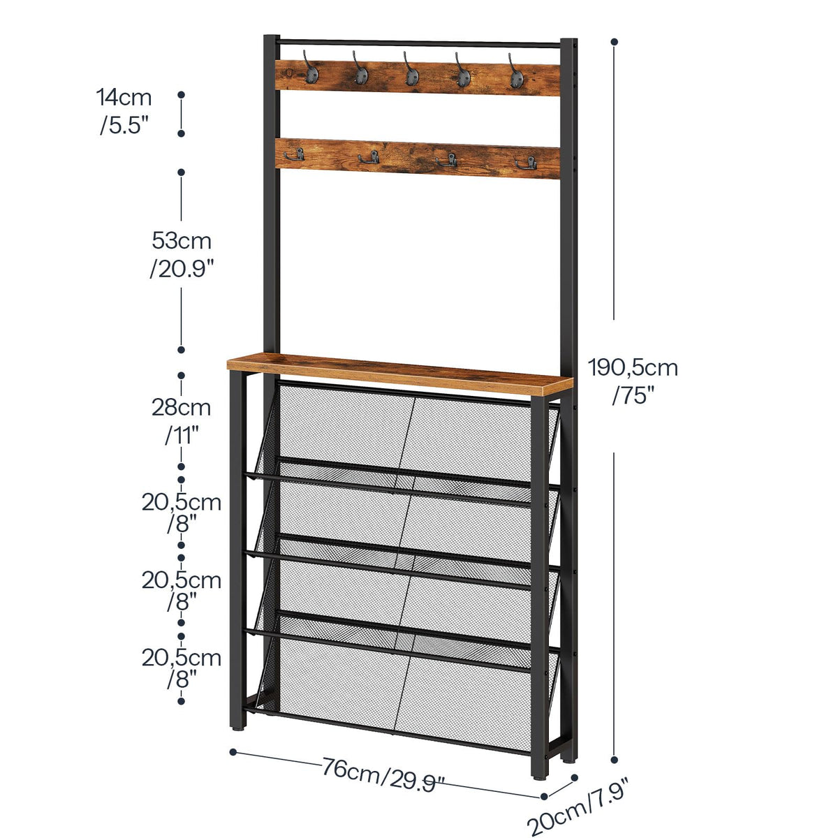 HOOBRO Coat Rack with Shoe Storage, Narrow Shoe Rack with Coat Rack and 9 Hooks, 5 Tier Slanted Storage Shelves, Coat Stand for Hallway, Entryway