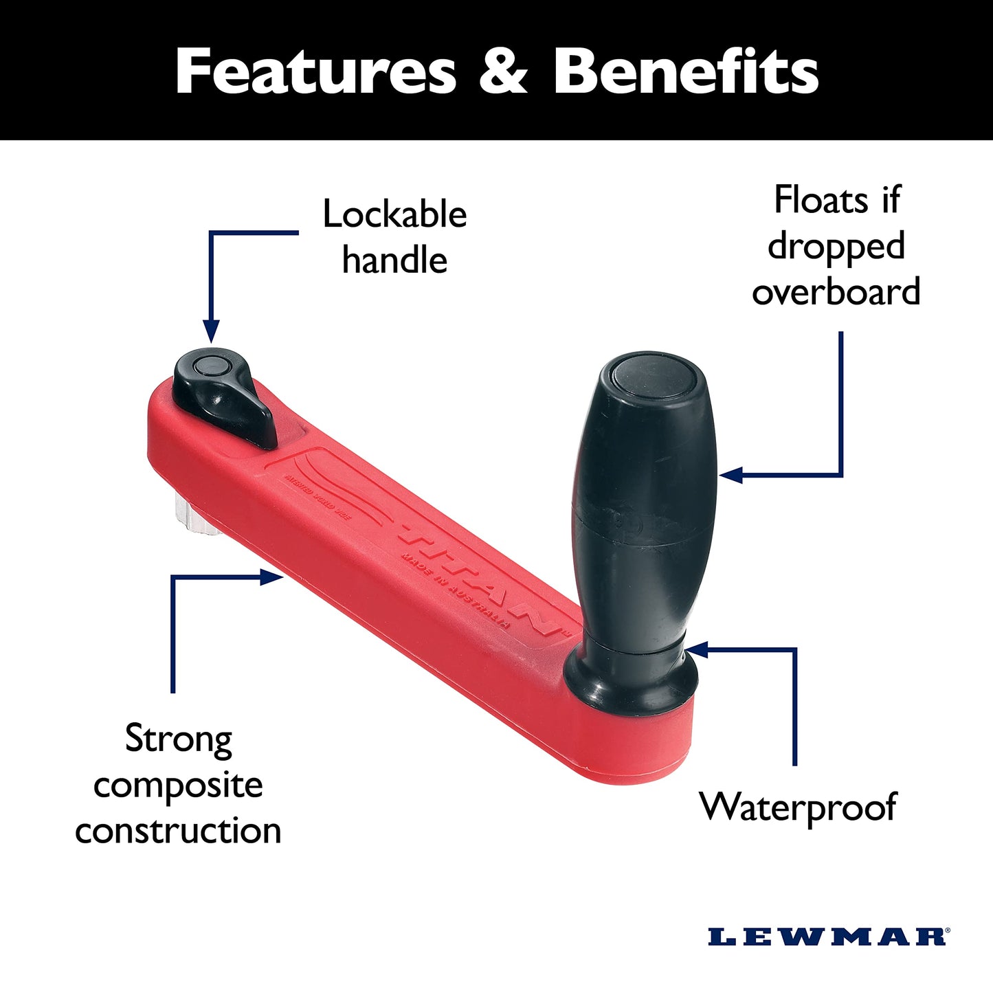 Lewmar? 8" Single Grip Winch Handle, Locking, Red with Black Grip