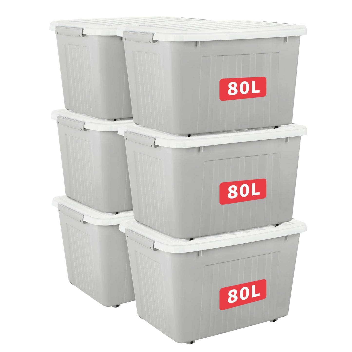Cetomo 80L*6 Storage Boxes with Lids, Plastic Storage Box with Wheels and Secure Side Latches, Stackable & Nestable Organizer for Home, Office