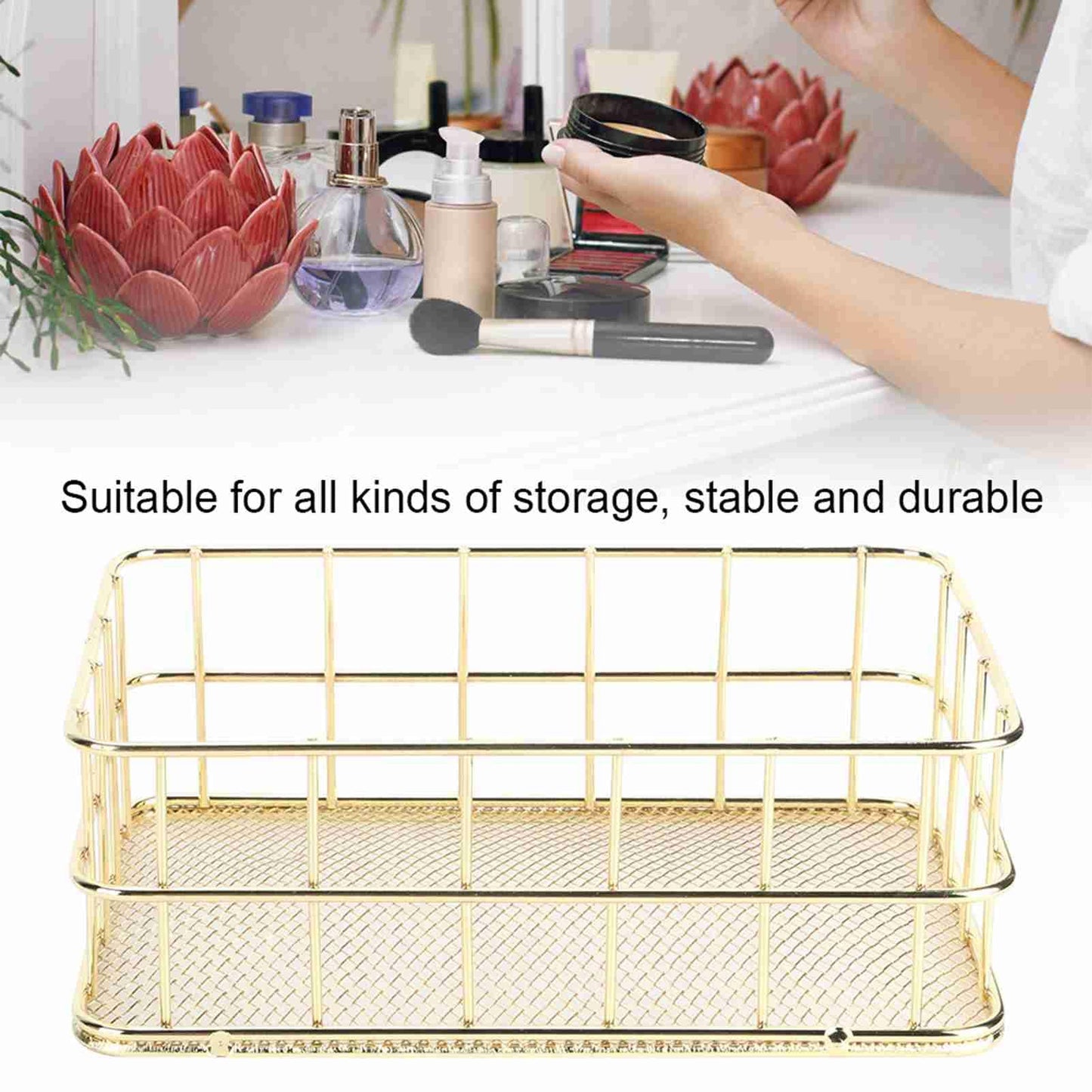 WGFOIP Metal Wire Mesh Storage Basket, Golden Iron Desktop Organizer with Sturdy Wrought Iron Construction